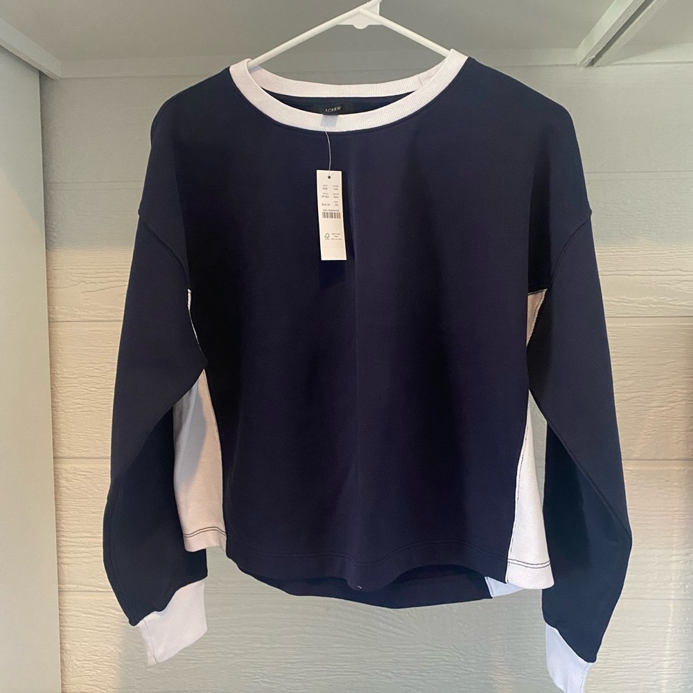 JCREW UNIVERSITY TERRY CROPPED CREWNECK
SWEATSHIRT Size: XS, S, Color: NAVY
